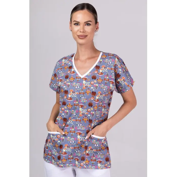 Grey Mushrooms and Owls - Bluza uniforma medicala cu imprimeu