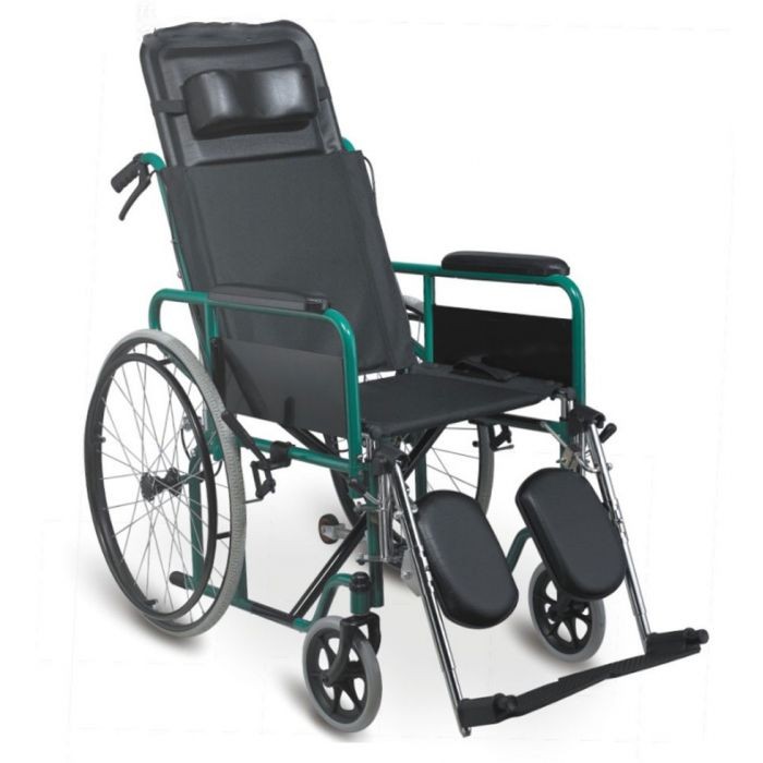 Fotoliu rulant din otel vopsit verde, cu spatar rabatabil FS954GC + CADOU Baston reglabil din aluminiu cu snur – FS948