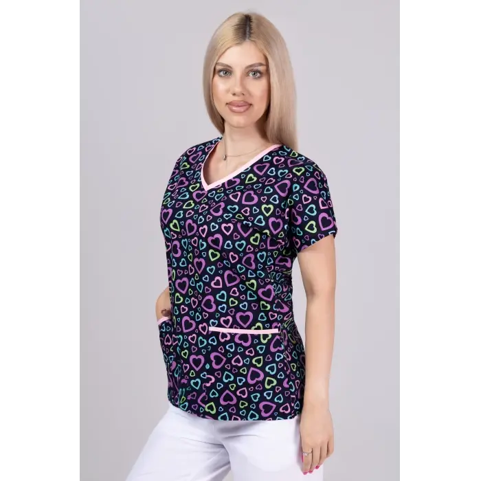 Navy Blue Heartbeat - Bluza uniforma medicala cu imprimeu
