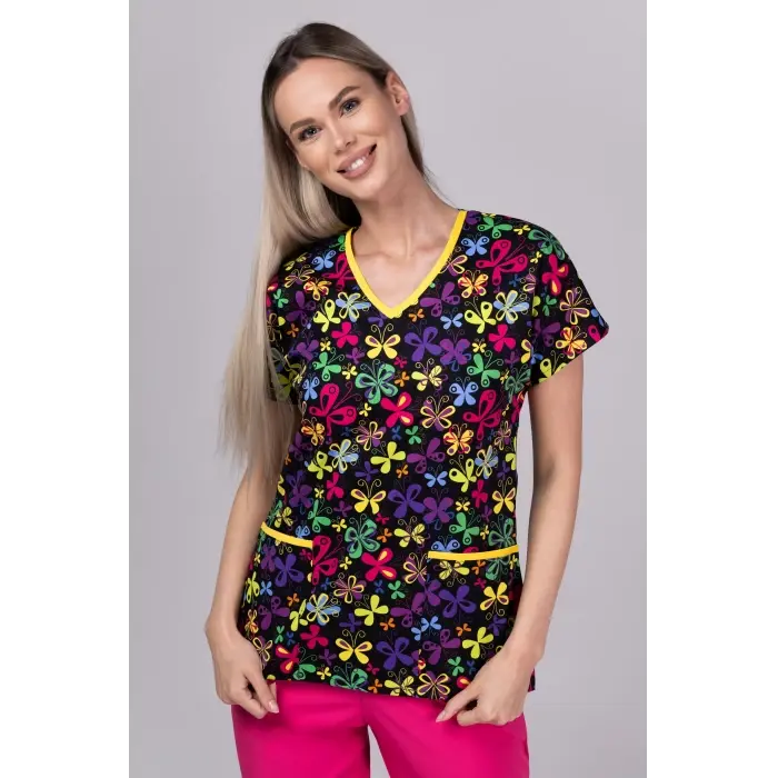 Butterfly Blossom - Bluza uniforma medicala cu imprimeu