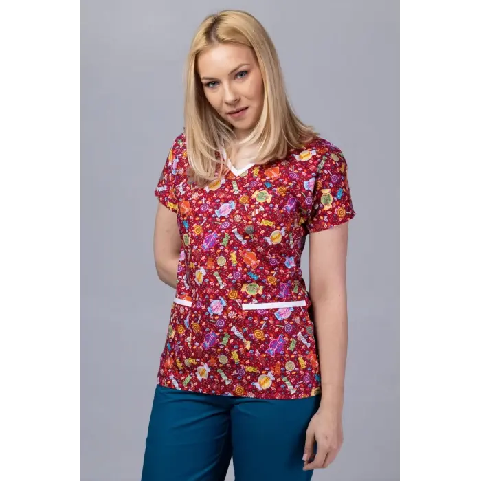 Neon Red Lollipop - Bluza uniforma medicala cu imprimeu