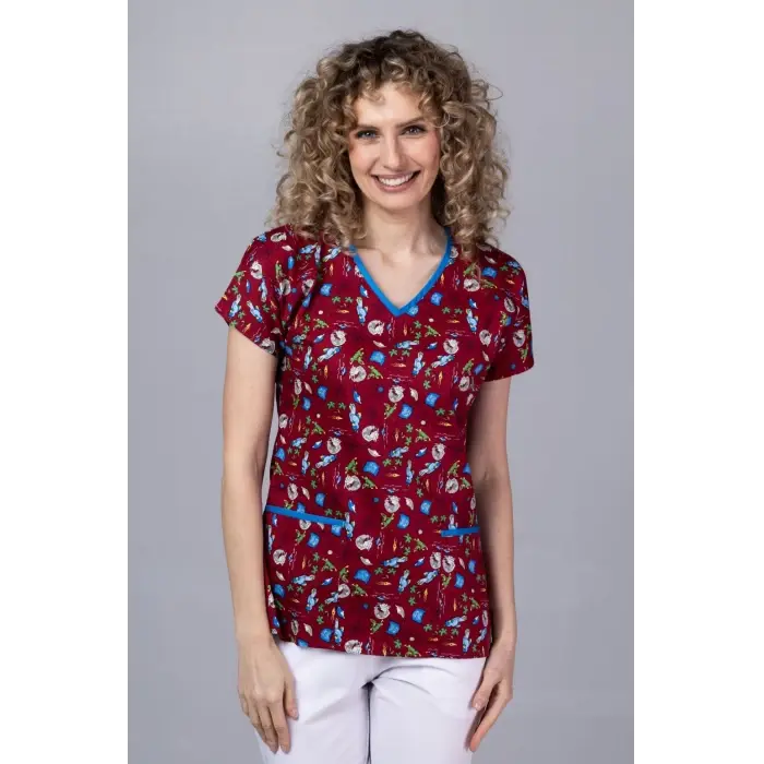Burgundy Parrot Booty Bay - Bluza uniforma medicala cu imprimeu