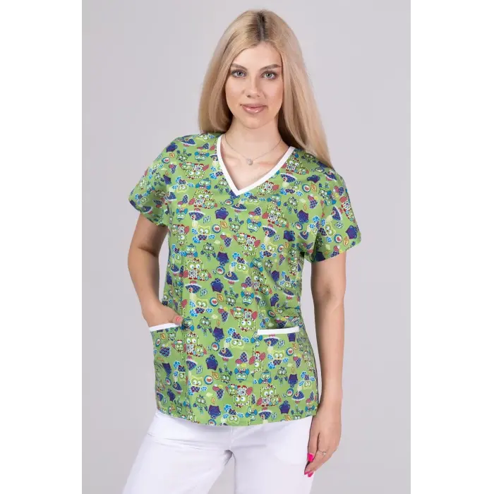 Green Mushrooms and Owls - Bluza uniforma medicala cu imprimeu