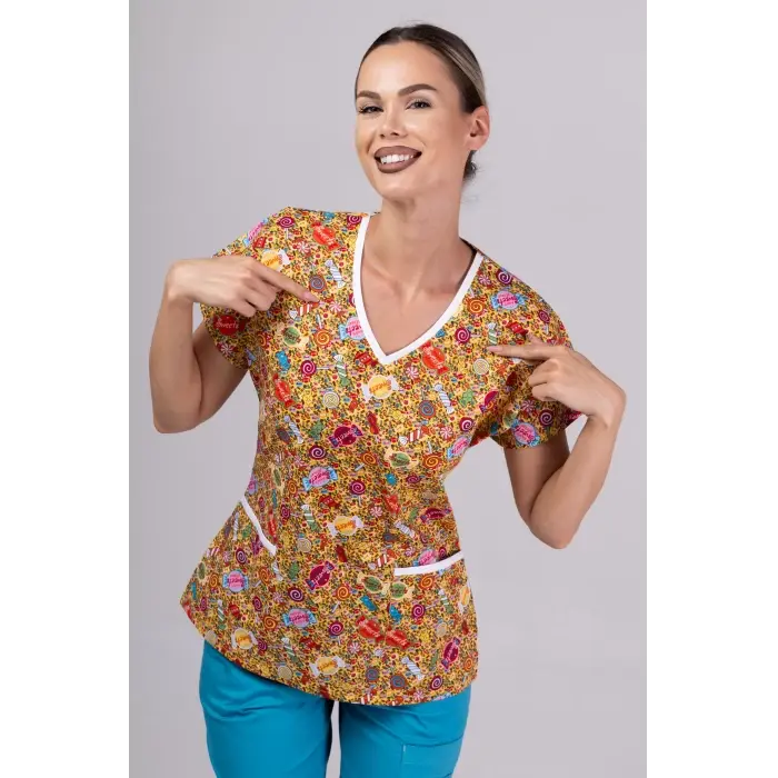 Neon Yellow Lollipop - Bluza uniforma medicala cu imprimeu